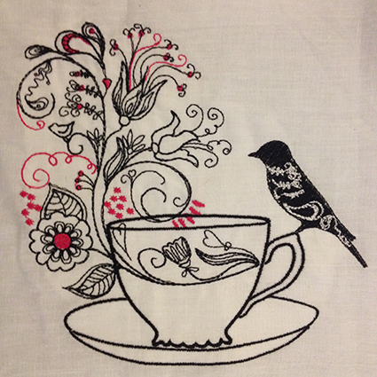 Line Art Redwork Tea Cup Machine Embroidery Design